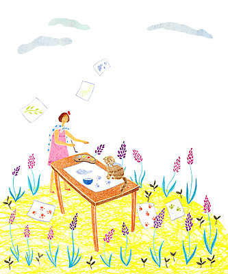 PSD 식물 한마리 여자 꽃 어린이 꽃밭 일러스트 탁자 한명 사람 소녀 반려동물 고양이 그리기 팔레트 도화지 여자만 여자한명만 어린이만 소녀만 소녀한명만 국내일러스트 동물 1 종이 가구 포유류 모션 파일형식