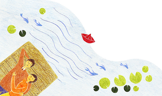 주간 PSD 커플 여자 남자 일러스트 어류 사람 성인 야외 두명 눕기 개울 연잎 낮잠 종이배 성인만 국내일러스트 자연요소 잎 관계 모션 강 수중동물 잠 종이접기 파일형식