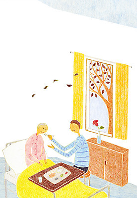 PSD 나무 식물 할아버지 노년 남자 꽃 낙엽 일러스트 창문 밥 손자 실내 병원 사람 성인 두명 꽃병 식사 침대 간호 식판 남자만 성인남자만 노인만 성인만 노인남자만 국내일러스트 음식 가구 잎 의학 내부 손주 파일형식