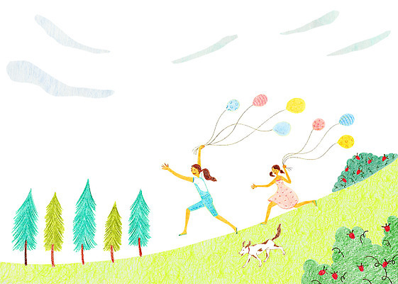 주간 PSD 나무 식물 한마리 여자 어린이 일러스트 사람 소녀 초원 야외 두명 반려동물 달리기 강아지 풍선 여자만 어린이만 소녀만 국내일러스트 자연요소 동물 1 모션 개 파일형식