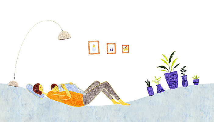 PSD 식물 여자 화분 액자 거실 일러스트 베개 엄마 실내 사람 성인 두명 스탠드 아기 잠 여자만 국내일러스트 가족 침구 조명 내부 파일형식