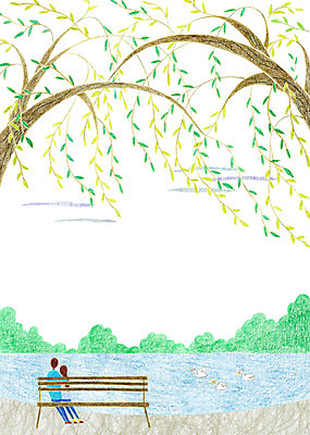 주간 PSD 나무 식물 커플 공원 여자 남자 호수 벤치 데이트 일러스트 오리 사람 앉기 성인 야외 두명 버드나무 성인만 국내일러스트 자연요소 공공시설 의자 관계 모션 조류 파일형식