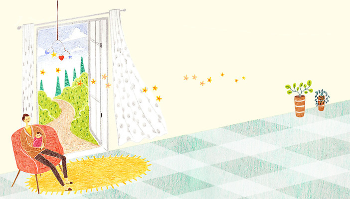 PSD 식물 남자 화분 아들 거실 의자 일러스트 창문 집안 실내 사람 앉기 두명 아기 커튼 아빠 모빌 남자만 국내일러스트 가구 가족 모션 내부 아기용품 파일형식