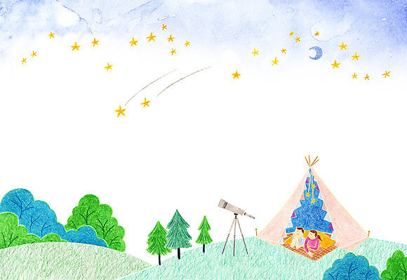 PSD 나무 여자 남자 별 어린이 일러스트 밤하늘 텐트 사람 소녀 소년 야외 두명 망원경 달 달밤 관찰 야간 어린이만 국내일러스트 자연요소 식물 모션 하늘 캠핑도구 파일형식