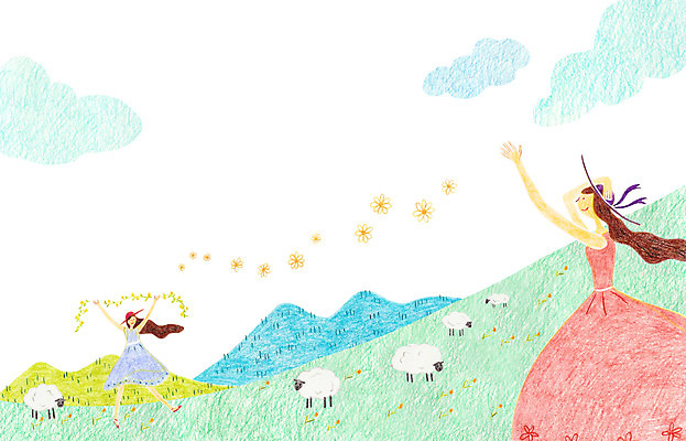 주간 PSD 식물 동물 모자 여자 꽃 딸 어린이 일러스트 엄마 사람 성인 야외 두명 화관 양 언덕 양떼 여자만 국내일러스트 자연요소 잡화 포유류 가족 파일형식