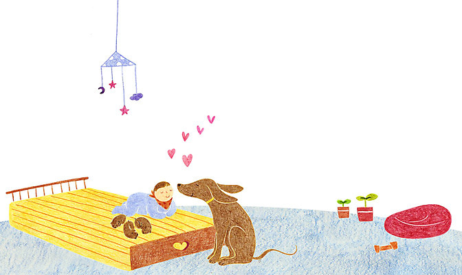 PSD 식물 화분 일러스트 실내 한명 사람 반려동물 방 침대 아기 강아지 모빌 아기만 국내일러스트 동물 1 가구 내부 아기용품 개 파일형식