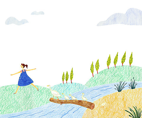 주간 PSD 나무 식물 동물 여자 어린이 일러스트 한명 사람 소녀 야외 풀 개울 통나무 오리떼 여자만 여자한명만 어린이만 소녀만 소녀한명만 국내일러스트 자연요소 1 오리 강 파일형식