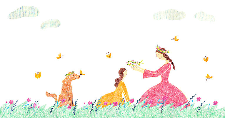 주간 PSD 식물 구름 여자 꽃 딸 어린이 나비 곤충 일러스트 엄마 사람 초원 성인 야외 두명 반려동물 화관 강아지 여자만 국내일러스트 자연요소 동물 가족 개 파일형식