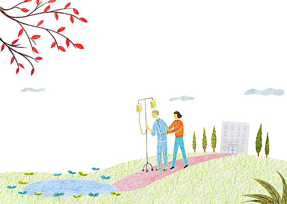 주간 PSD 나무 식물 여자 할아버지 노년 남자 일러스트 손녀 병원 사람 성인 야외 두명 산책 연못 풀 링거 부축 노인만 성인만 국내일러스트 자연요소 의학 의료기기 휴식 손주 파일형식