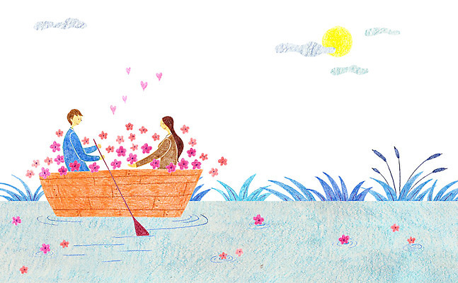 PSD 식물 구름 커플 여자 남자 꽃 호수 데이트 일러스트 사람 성인 야외 두명 달 달밤 야간 노 선박 성인만 국내일러스트 자연요소 수상교통 관계 파일형식