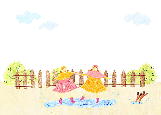 주간 PSD 구름 여자 어린이 일러스트 물장구 장화 사람 야외 두명 울타리 반려동물 강아지 쌍둥이 웅덩이 우비 여자만 어린이만 소녀만 국내일러스트 자연요소 동물 옷 신발 가족 물놀이 담장 개 파일형식