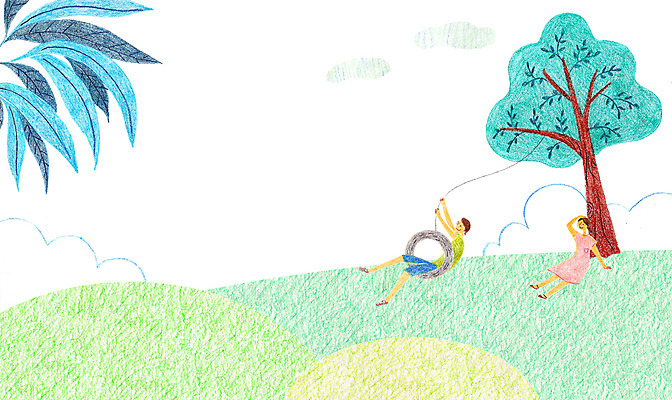 주간 PSD 나무 식물 구름 여자 남자 어린이 일러스트 사람 소녀 소년 야외 두명 그네 그네타기 어린이만 국내일러스트 자연요소 놀이 파일형식