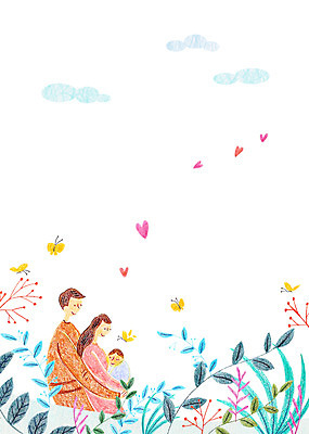 PSD 식물 구름 여자 남자 행복 나비 곤충 일러스트 가족 안기 휴식 나뭇잎 사람 초원 성인 세명 아기 국내일러스트 자연요소 동물 감정 컨셉 잎 관계 모션 파일형식