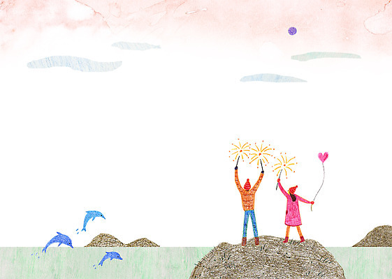 PSD 동물 커플 여자 남자 바다 데이트 일러스트 불꽃놀이 사람 성인 야외 두명 돌_바위 바위 돌고래 풍선 성인만 국내일러스트 포유류 관계 놀이 수중동물 파일형식