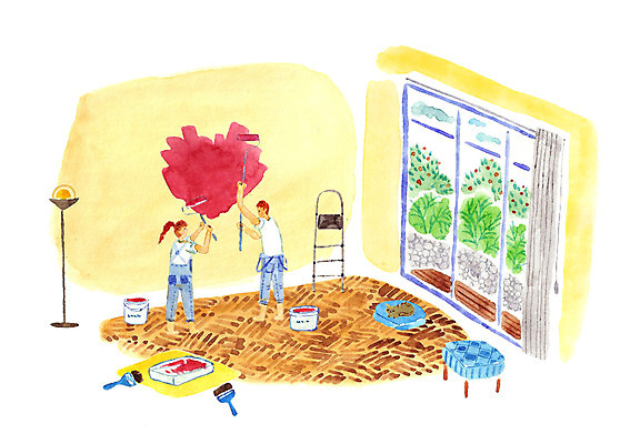 PSD 커플 여자 남자 여유 데이트 일러스트 사다리 창문 집안 실내 사랑 사람 성인 두명 다정 페인트 페인트칠 순수 페인트롤러 설레임 성인만 국내일러스트 감정 컨셉 관계 페인팅 내부 도구 파일형식