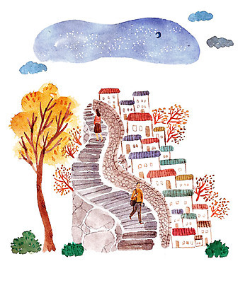 PSD 나무 식물 커플 여자 남자 여유 일러스트 밤하늘 주택 사랑 사람 성인 야외 두명 계단 마을 다정 달 야간 이별 순수 설레임 성인만 국내일러스트 자연요소 감정 컨셉 관계 하늘 건물 파일형식