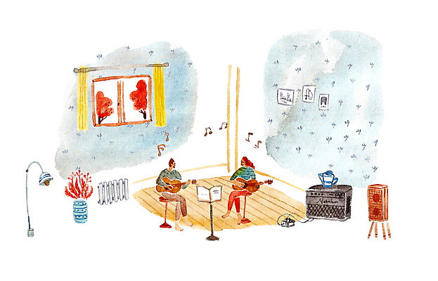 PSD 커플 여자 남자 여유 악기 액자 연주 데이트 일러스트 창문 실내 사랑 사람 성인 두명 스피커 다정 기타 커튼 순수 악보 설레임 성인만 국내일러스트 감정 음악 음향기기 컨셉 관계 현악기 내부 파일형식