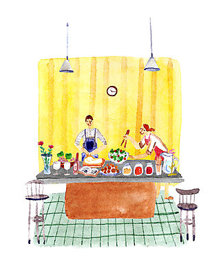 PSD 커플 여자 남자 여유 음식 시계 의자 일러스트 주방용품 실내 사랑 요리 사람 성인 두명 주방 앞치마 다정 순수 조리대 설레임 음식준비 성인만 국내일러스트 감정 가구 생활용품 컨셉 관계 내부 준비 파일형식