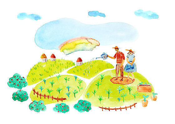 PSD 커플 여자 남자 여유 무지개 일러스트 주택 사랑 사람 초원 성인 두명 새싹 다정 물뿌리개 순수 물주기 정원가꾸기 설레임 성인만 국내일러스트 자연요소 식물 감정 컨셉 관계 모션 건물 원예 파일형식