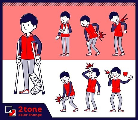 EPS 해외이미지 전신 남자 일러스트 건강 여러명 성인 빨간색 세트 고통 종업원 허리디스크 목발 판매원 깁스 무릎통증 사랑니 어깨통증 성인남자만 해외202004 해외일러스트 직업 감정 컬러 다수 의료기기 사람 디스크_질병 의료용품 질병 남자만 성인만 파일형식 벡터 이미지허브
