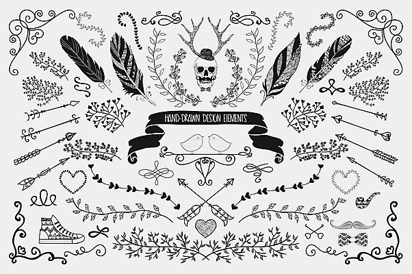 EPS 해외이미지 리본 곡선 일러스트 추상 화살 해골 사람없음 세트 검은색 하트 깃털 해외202004 해외일러스트 모양 선 컬러 무늬 뼈 파일형식 벡터 이미지허브