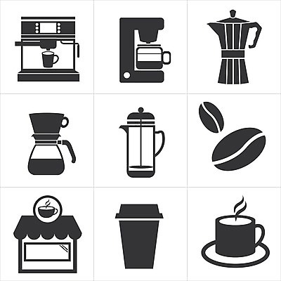 EPS 해외이미지 모양 디자인 커피 음료 선 일러스트 그래픽 컵 세트 상점 검은색 기계 카페 머그컵 뜨거움 냄비 심볼 사인 카푸치노 에스프레소 모카 해외202004 해외일러스트 식기 컬러 솥 파일형식 벡터 이미지허브