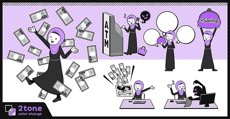 EPS 해외이미지 전신 여자 지폐 돈 생각 일러스트 여러명 성인 금융 경제 세트 보라색 속임수 범죄 지갑 선택 이슬람교 책상 ATM 보이스피싱 중동인 성인여자만 해외202004 해외일러스트 외국인 종교 컬러 가구 다수 컨셉 사람 재산 피싱 여자만 성인만 파일형식 벡터 이미지허브