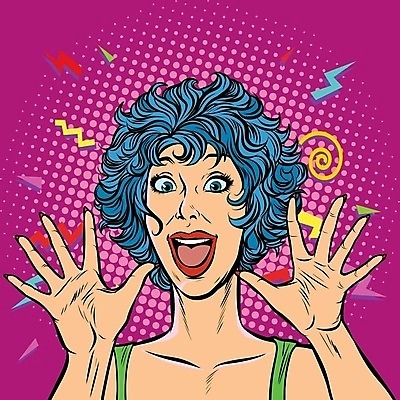 EPS 해외이미지 여자 일러스트 한명 웃음 손짓 상반신 성인 복고 팝아트 기하학 서프라이즈 카툰스타일 놀림 성인여자한명만 해외202004 하프톤 해외일러스트 1 컬러 컨셉 무늬 모션 표정 사람 그림 여자한명만 성인여자만 파일형식 벡터 이미지허브