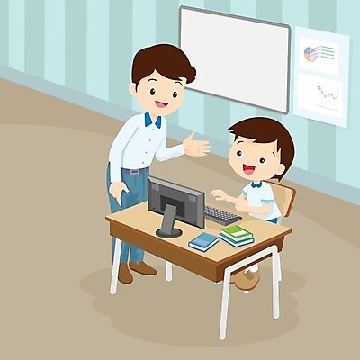 EPS 해외이미지 학생 남자 어린이 인터넷 일러스트 교실 앉기 소년 성인 두명 컴퓨터 교사 책상 인터넷교육 남자만 해외202004 해외일러스트 직업 교육 가구 학교 모션 사람 전자제품 파일형식 벡터 이미지허브