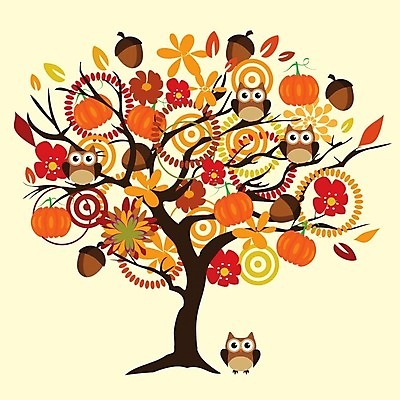 EPS 해외이미지 나무 꽃 일러스트 호박 추상 사람없음 주황색 부엉이 도토리 해외202004 해외일러스트 식물 컬러 무늬 채소 조류 견과류 파일형식 벡터 이미지허브