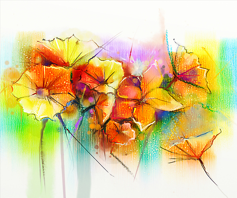 JPG 해외이미지 꽃 일러스트 수채화 미술 사람없음 주황색 그림 데이지 손그림 거베라 해외202004 해외일러스트 식물 컬러 문화예술 파일형식 이미지허브