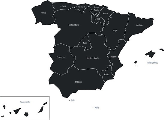 EPS 해외이미지 모양 디자인 실루엣 유럽 선 섬 여행 지도 일러스트 검은색 회색 흰색 스페인 지중해 심볼 윤곽 지역 바르셀로나 마드리드 발렌시아 스페인어 안달루시아 전국 지리 해외202004 해외일러스트 나라 바다 컬러 촬영기법 파일형식 벡터 이미지허브