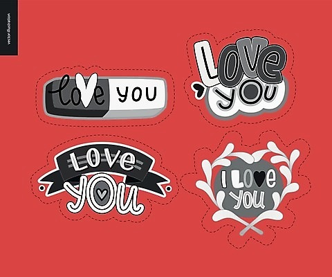 EPS 해외이미지 스티커 일러스트 사랑 타이포그라피 사람없음 빨간색 세트 하트 해외202004 해외일러스트 모양 문자 감정 컬러 파일형식 벡터 이미지허브
