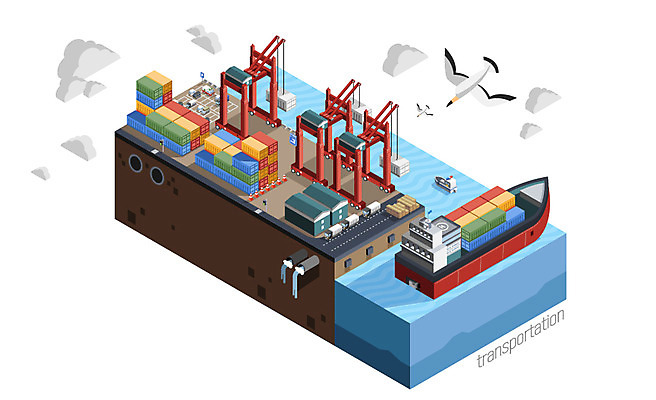 구름 도로 교통수단 바다 백그라운드 교통 일러스트 자동차 갈매기 사람없음 운송업 컨테이너 입체 무역 시설 아이소메트릭 선박 국내일러스트 AI파일 자연요소 산업 길 육상교통 수상교통 교통시설 조류 파일형식 벡터