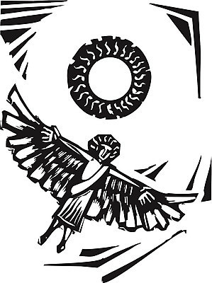 EPS 해외이미지 날개 일러스트 태양 꿈 자유 탈출 깃털 신화 그리스인 목판화 왁스 해외202004 해외일러스트 자연요소 서양인 컨셉 파일형식 벡터 이미지허브