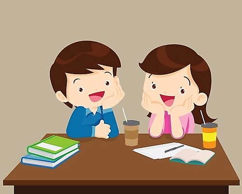 EPS 해외이미지 학생 여자 교육 남자 어린이 일러스트 학교 대화 소년 두명 컵 친구 턱괴기 어린이만 해외202004 해외일러스트 식기 관계 모션 말하기 사람 파일형식 벡터 이미지허브