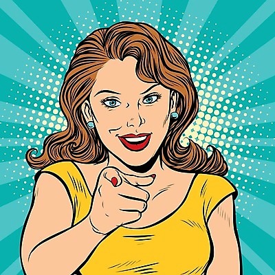 EPS 해외이미지 여자 일러스트 한명 상반신 성인 가리킴 복고 팝아트 카툰스타일 성인여자한명만 해외202004 하프톤 해외일러스트 1 컬러 사람 손짓 그림 여자한명만 성인여자만 파일형식 벡터 이미지허브