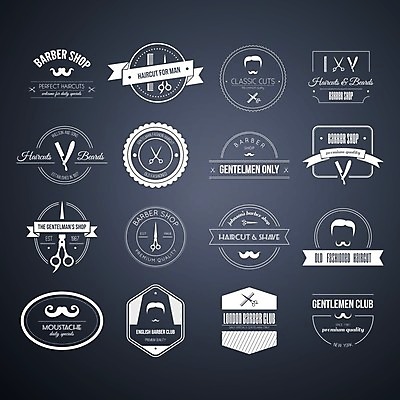 EPS 해외이미지 스티커 일러스트 가위 사람없음 세트 라벨 빈티지 콧수염 이발소 해외202004 해외일러스트 컨셉 문구용품 수염 프레임 뷰티샵 파일형식 벡터 이미지허브