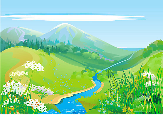 EPS 해외이미지 계절 꽃 일러스트 하늘 초록색 여름 파란색 강 언덕 해외202004 해외일러스트 식물 컬러 파일형식 벡터 이미지허브