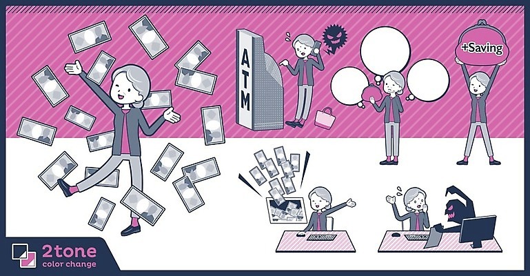 EPS 해외이미지 전신 할머니 분홍색 지폐 돈 생각 일러스트 여러명 성인 금융 경제 세트 보라색 속임수 범죄 지갑 선택 책상 ATM 보이스피싱 성인여자만 해외202004 해외일러스트 여자 노년 컬러 가구 다수 컨셉 사람 재산 피싱 여자만 성인만 파일형식 벡터 이미지허브