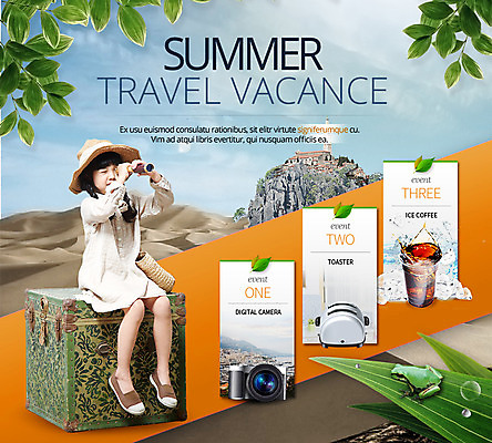 PSD 템플릿 계절 여자 어린이 여행 웹템플릿 가방 휴가 이벤트페이지 한명 동양인 이벤트 여름 망원경 한국인 여자만 여자한명만 어린이만 소녀만 소녀한명만 이미지템플릿 1 잡화 사람 인종 페이지 파일형식
