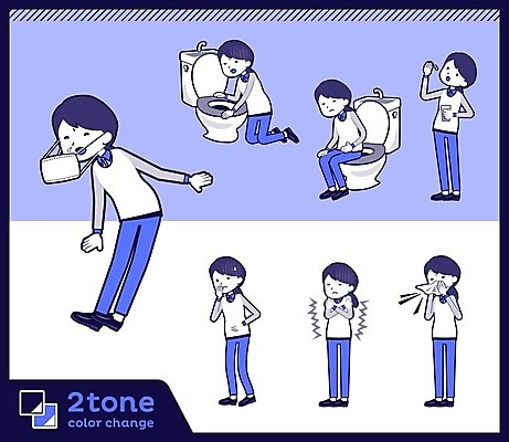 EPS 해외이미지 전신 여자 일러스트 건강 피곤 마스크 앉기 여러명 성인 파란색 세트 약 고통 환자 먹기 종업원 직원 서비스 변기 판매원 구토 기침 오한 재채기 성인여자만 해외202004 해외일러스트 직업 감정 컬러 다수 컨셉 의학 모션 사람 증상 여자만 성인만 파일형식 벡터 이미지허브