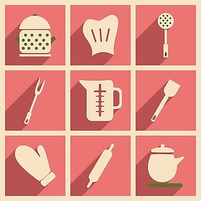 EPS 해외이미지 포크 일러스트 주전자 요리사모자 사람없음 뒤집개 주걱 밀대 찜기 계량컵 튀김망 해외202004 해외일러스트 모자_잡화 식기 주방용품 컵 요리사 조리도구 계량 파일형식 벡터 이미지허브