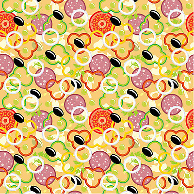 EPS 해외이미지 디자인 음식 백그라운드 패턴 토마토 일러스트 벽지 양파 피자 그래픽 장식 그림 올리브 반죽 후추 살라미 해외202004 해외일러스트 열매 무늬 채소 패스트푸드 서양음식 향신료 파일형식 벡터 이미지허브