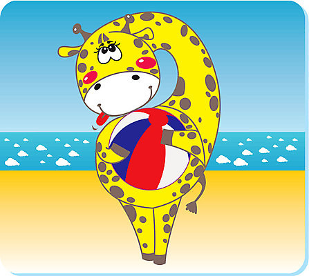 EPS 해외이미지 클립아트 동물 모래 파도 바다 여행 일러스트 공 자연 하늘 휴가 휴식 항해 야외 물 파란색 뜨거움 만화 기린 그림 해외202004 해외일러스트 자연요소 컬러 컨셉 배_교통 포유류 생태계 파일형식 벡터 이미지허브