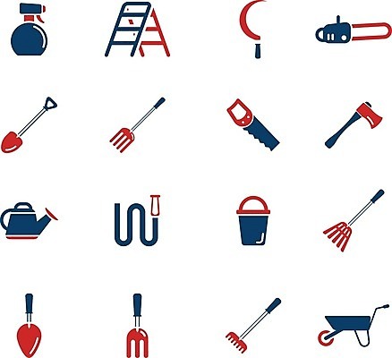 EPS 해외이미지 일러스트 물 정원 수레 도구 빨래 삽 양동이 분무기 낫 전기톱 해외202004 해외일러스트 자연요소 가사 카트 톱 파일형식 벡터 이미지허브