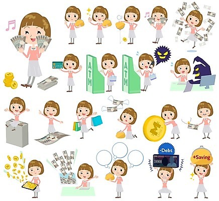 EPS 해외이미지 여자 대학생 분홍색 돈 일러스트 비즈니스 금융 경제 쇼핑 유행 동전 카펫 저축 자유 신용카드 범죄 지갑 선택 가난 마법 대출 빚 ATM 화상 해외202004 해외일러스트 학생 컬러 컨셉 사람 재산 상처 파일형식 벡터 이미지허브