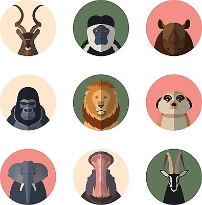EPS 해외이미지 동물 여러마리 일러스트 사슴 코끼리 입벌림 사람없음 세트 머리 원숭이 사자 하마 코뿔소 가젤 해외202004 해외일러스트 다수 포유류 표정 신체부위 파일형식 벡터 이미지허브