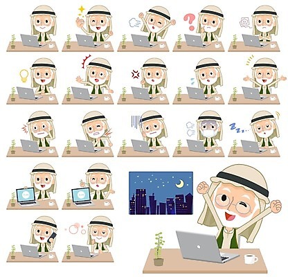 EPS 해외이미지 할아버지 남자 일러스트 미소 사람 노트북 컴퓨터 업무 발표 해결 사우디아라비아 단절 두바이 해외202004 해외일러스트 노년 중동 표정 전자제품 작업 아랍에미리트 파일형식 벡터 이미지허브