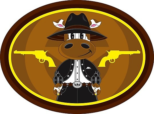 EPS 해외이미지 동물 일러스트 가축 권총 총 소 카우보이 만화 카우보이모자 서쪽 해외202004 해외일러스트 모자_잡화 무기 포유류 방향 파일형식 벡터 이미지허브